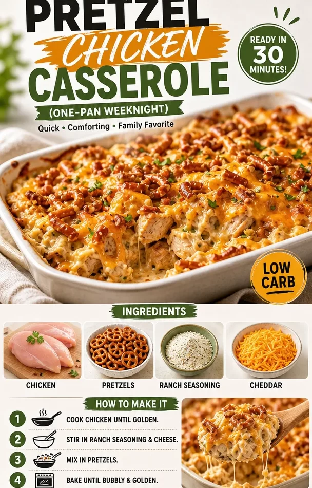 Crispy Ranch Pretzel Chicken Casserole in a baking dish, garnished and ready to serve.