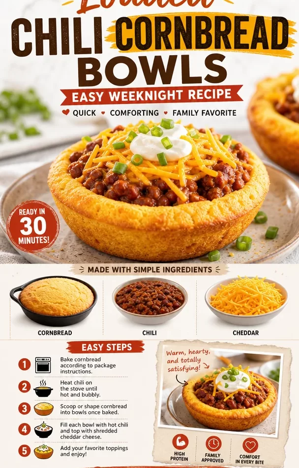 Delicious loaded chili cornbread bowls ready for dinner
