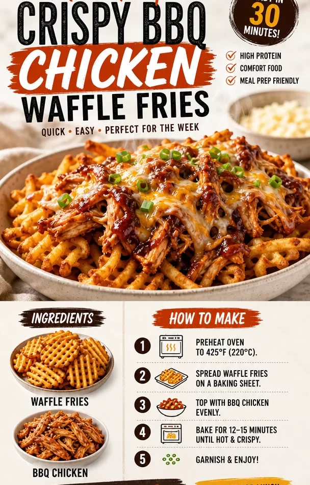 Crispy BBQ chicken waffle fries dish, perfect for meal-prep and tasty snacks