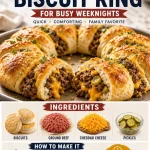 Cheeseburger stuffed biscuit ring on a rustic wooden table.