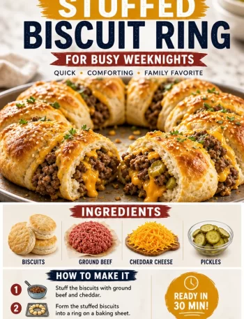 Cheeseburger stuffed biscuit ring on a rustic wooden table.