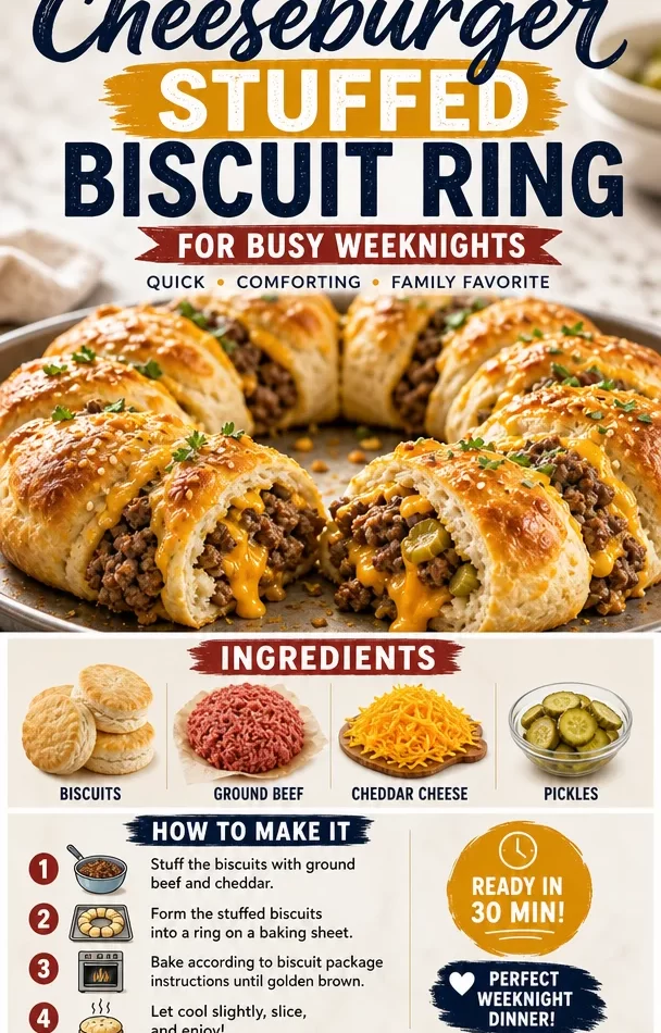 Cheeseburger stuffed biscuit ring on a rustic wooden table.