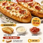 Min Pepperoni Alfredo Garlic Bread Boats with crispy edges and gooey cheese