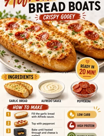 Min Pepperoni Alfredo Garlic Bread Boats with crispy edges and gooey cheese
