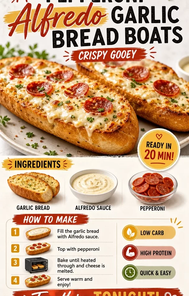 Min Pepperoni Alfredo Garlic Bread Boats with crispy edges and gooey cheese