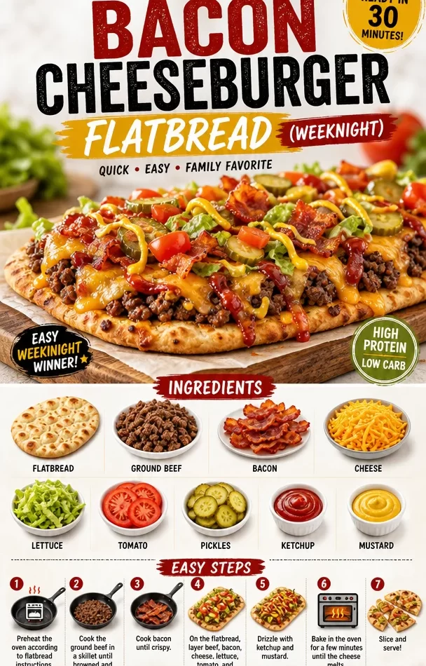 One-Pan 30-Min Bacon Cheeseburger Flatbread ready to serve on a table.