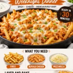 One-pan buffalo chicken bake with French fries for a delicious weeknight dinner.