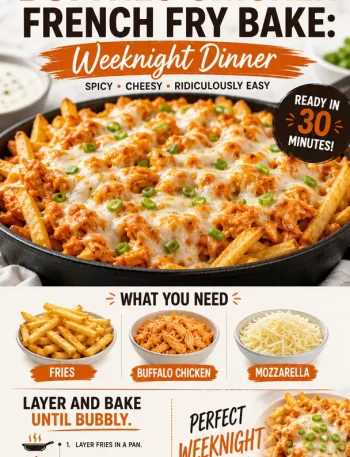 One-pan buffalo chicken bake with French fries for a delicious weeknight dinner.