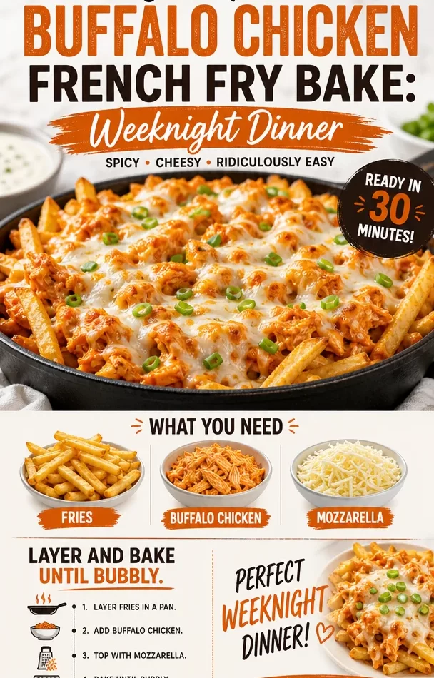 One-pan buffalo chicken bake with French fries for a delicious weeknight dinner.