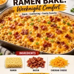 One-Pan Cheesy Bacon Ramen Bake dish with melted cheese and crispy bacon