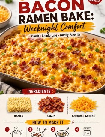 One-Pan Cheesy Bacon Ramen Bake dish with melted cheese and crispy bacon
