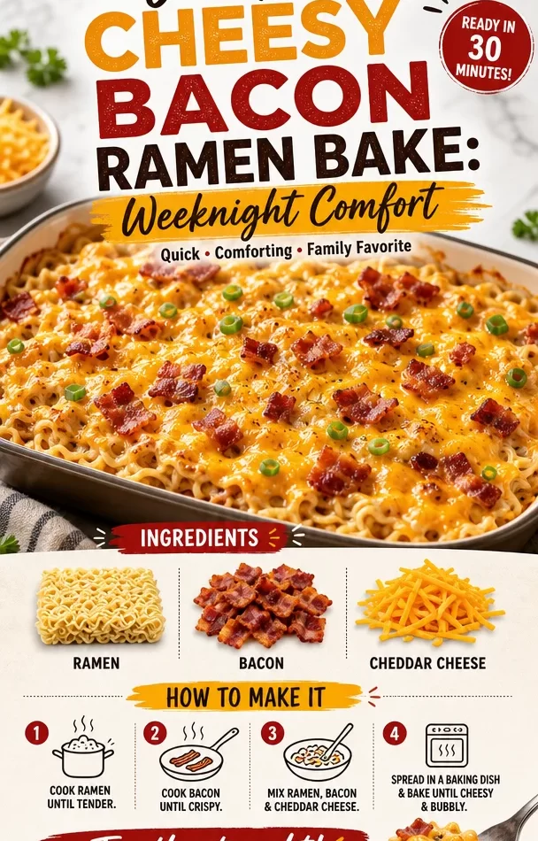One-Pan Cheesy Bacon Ramen Bake dish with melted cheese and crispy bacon
