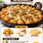 One-pan cheesy French onion tater tot melt served warm and bubbly.