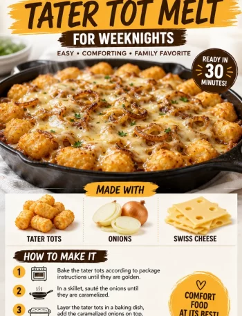 One-pan cheesy French onion tater tot melt served warm and bubbly.
