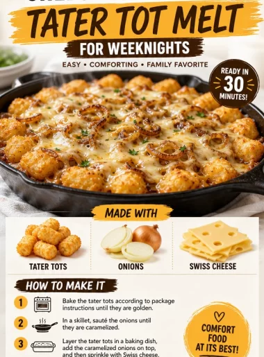 One-pan cheesy French onion tater tot melt served warm and bubbly.