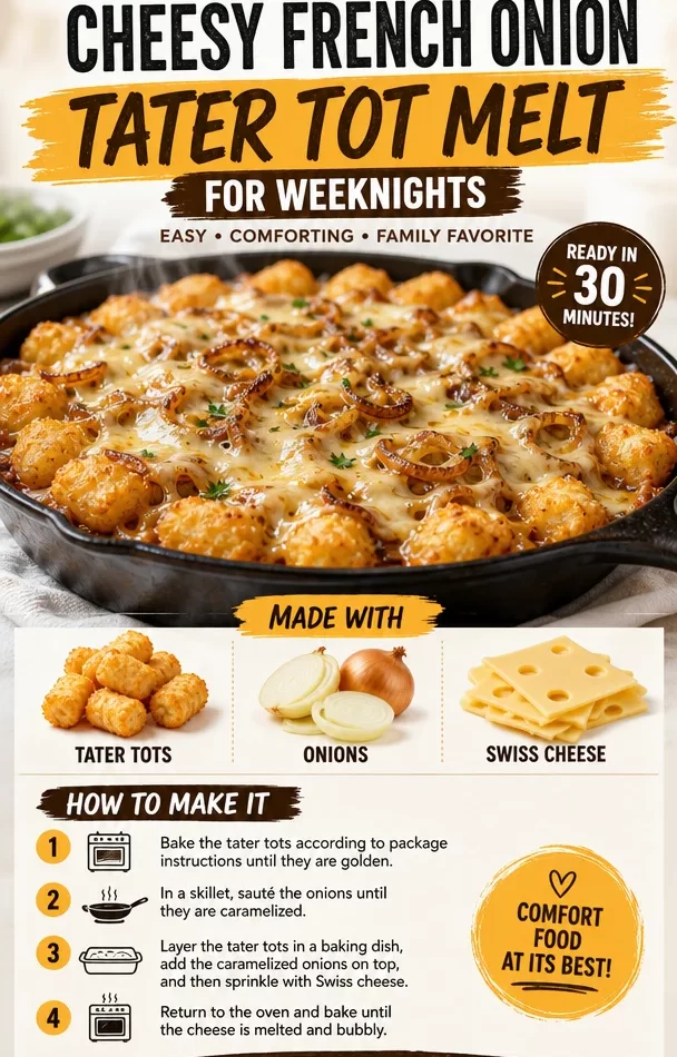 One-pan cheesy French onion tater tot melt served warm and bubbly.