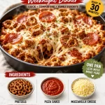 One-Pan Cheesy Pretzel Pizza Bake ready to serve for dinner