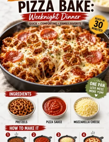 One-Pan Cheesy Pretzel Pizza Bake ready to serve for dinner