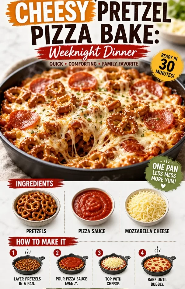 One-Pan Cheesy Pretzel Pizza Bake ready to serve for dinner