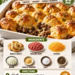 One-Pan Garlic Knot Cheeseburger Casserole served on a baking dish