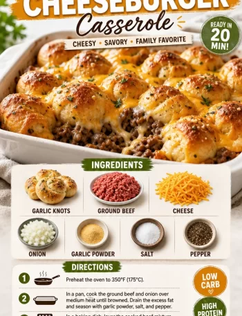 One-Pan Garlic Knot Cheeseburger Casserole served on a baking dish