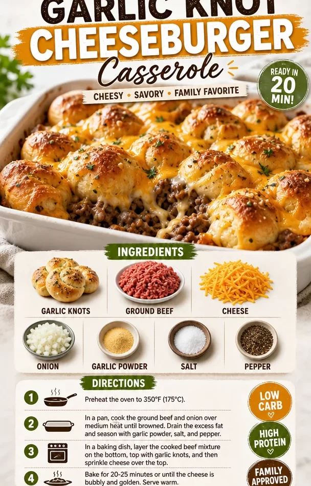 One-Pan Garlic Knot Cheeseburger Casserole served on a baking dish