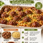 One-pan honey garlic meatball noodle bake ready to serve for dinner
