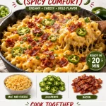 Loaded jalapeno mac skillet, a spicy comfort food in a one-pan recipe.