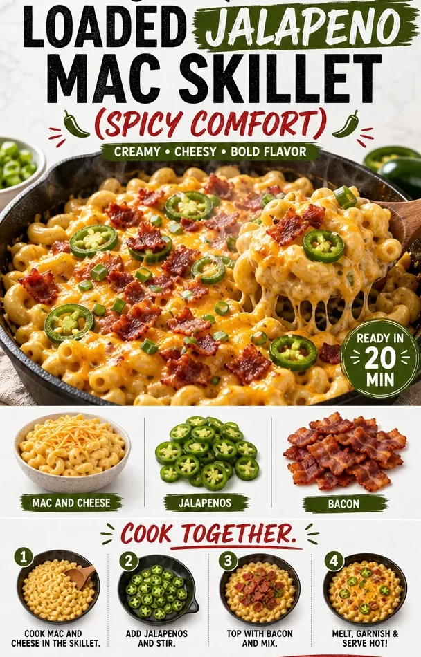 Loaded jalapeno mac skillet, a spicy comfort food in a one-pan recipe.
