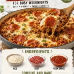 Delicious one-pan pizza-burger rice bake for quick weeknight dinners.