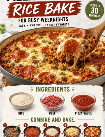 Delicious one-pan pizza-burger rice bake for quick weeknight dinners.
