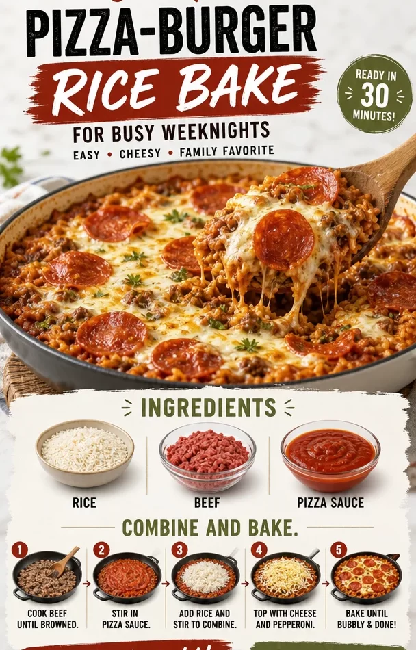 Delicious one-pan pizza-burger rice bake for quick weeknight dinners.