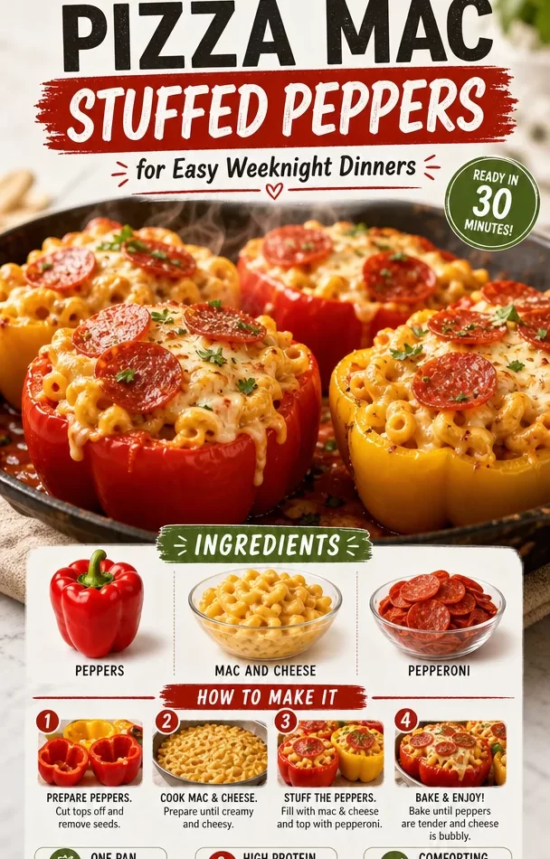 One-Pan Pizza Mac Stuffed Peppers served on a plate
