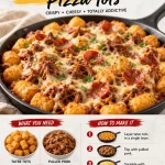 Crispy pulled pork pizza tots served in a skillet.