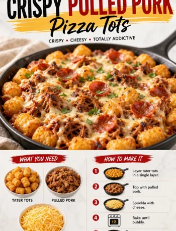 Crispy pulled pork pizza tots served in a skillet.