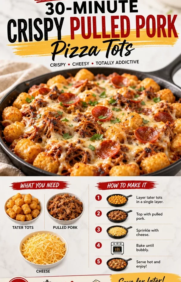 Crispy pulled pork pizza tots served in a skillet.