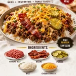 Delicious Pickle Bacon Cheeseburger Rice Bowls with beef and pickles on a colorful plate