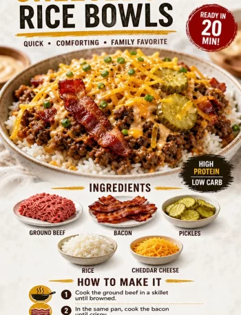 Delicious Pickle Bacon Cheeseburger Rice Bowls with beef and pickles on a colorful plate