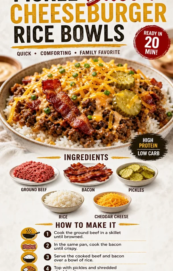 Delicious Pickle Bacon Cheeseburger Rice Bowls with beef and pickles on a colorful plate
