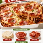 Delicious Pizza Quesadilla Casserole topped with cheese and pepperoni