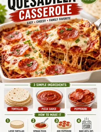 Delicious Pizza Quesadilla Casserole topped with cheese and pepperoni