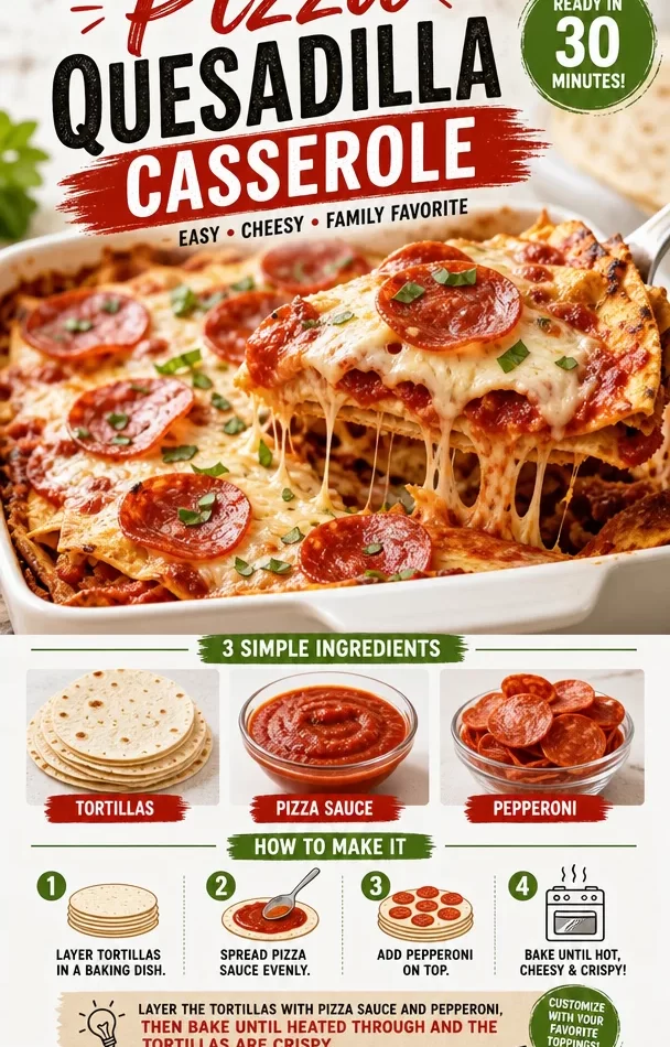 Delicious Pizza Quesadilla Casserole topped with cheese and pepperoni