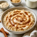 Delicious cinnamon roll oatmeal topped with icing and cinnamon.