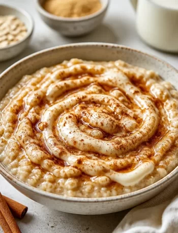 Delicious cinnamon roll oatmeal topped with icing and cinnamon.