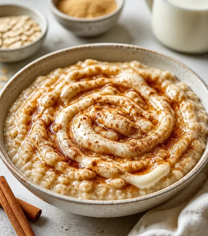 Delicious cinnamon roll oatmeal topped with icing and cinnamon.