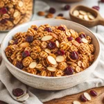 A bowl of Cranberry Almond Granola with almonds and dried cranberries