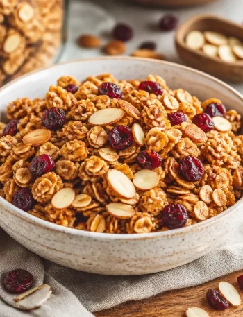 A bowl of Cranberry Almond Granola with almonds and dried cranberries