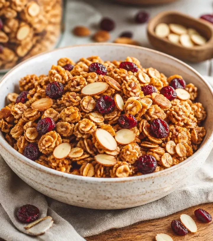 A bowl of Cranberry Almond Granola with almonds and dried cranberries