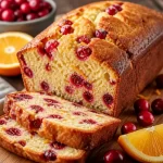 Sliced cranberry orange breakfast loaf on a wooden table.