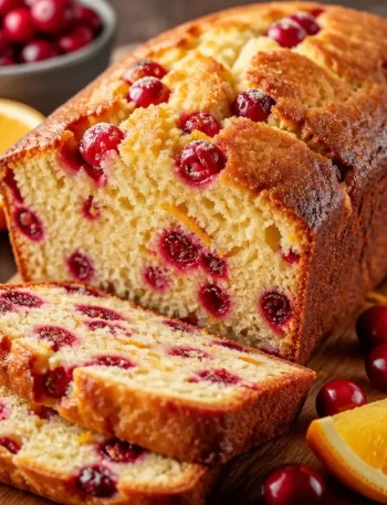 Sliced cranberry orange breakfast loaf on a wooden table.